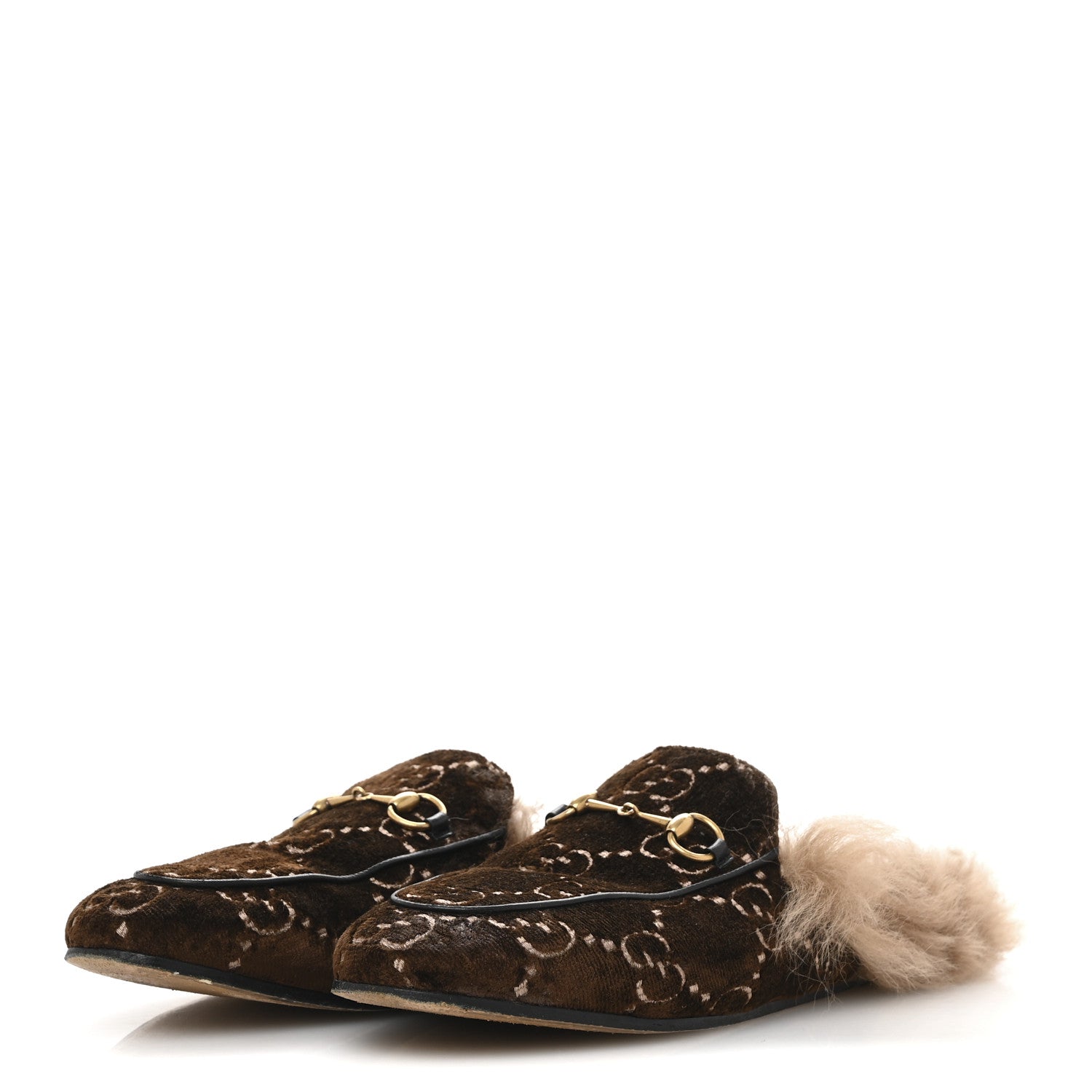 Gucci Velvet GG Monogram Fur Womens Princetown Slippers 40 Brown Black Natural 4 of 8
