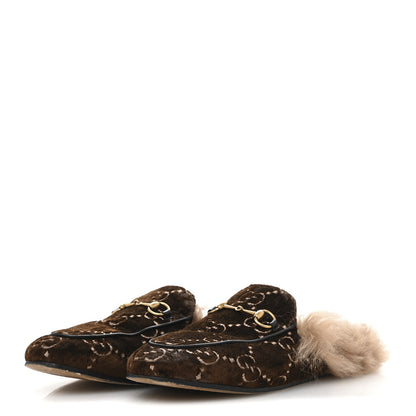 Gucci Velvet GG Monogram Fur Womens Princetown Slippers 40 Brown Black Natural 4 of 8