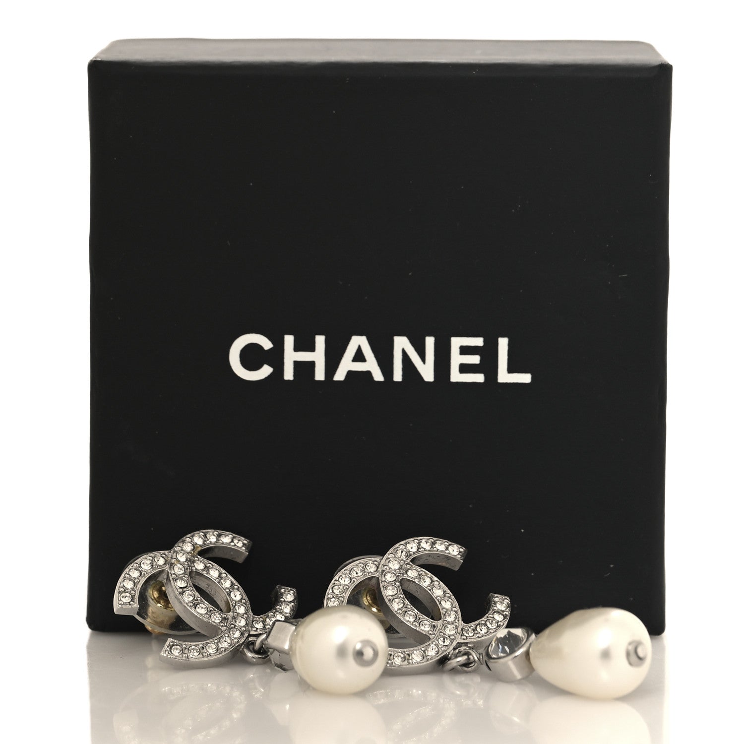 Chanel Crystal Pearl CC Drop Earrings Silver Pearly White 5 of 5