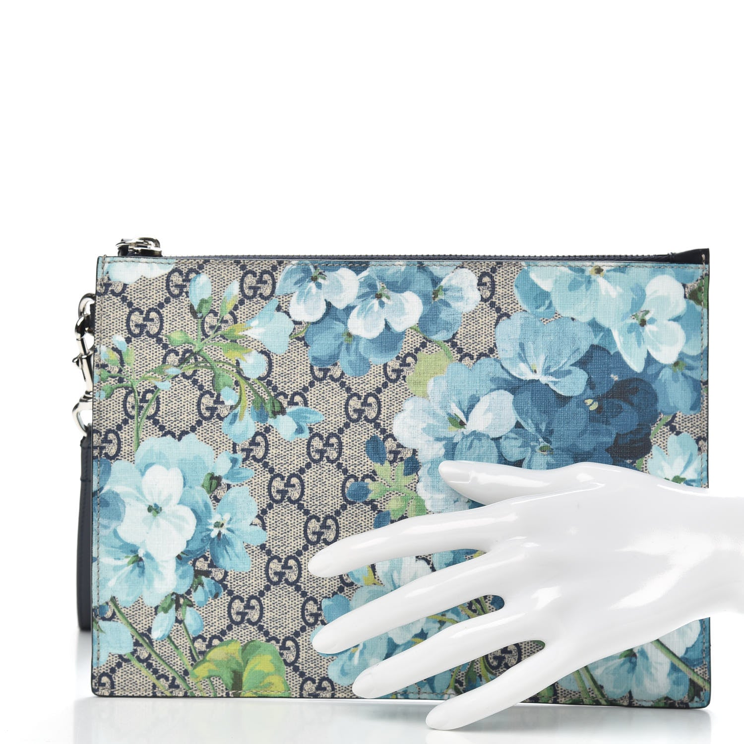 Gucci GG Supreme Monogram Blooms Small Zip Wristlet Pouch Beige Blue Black 2 of 6
