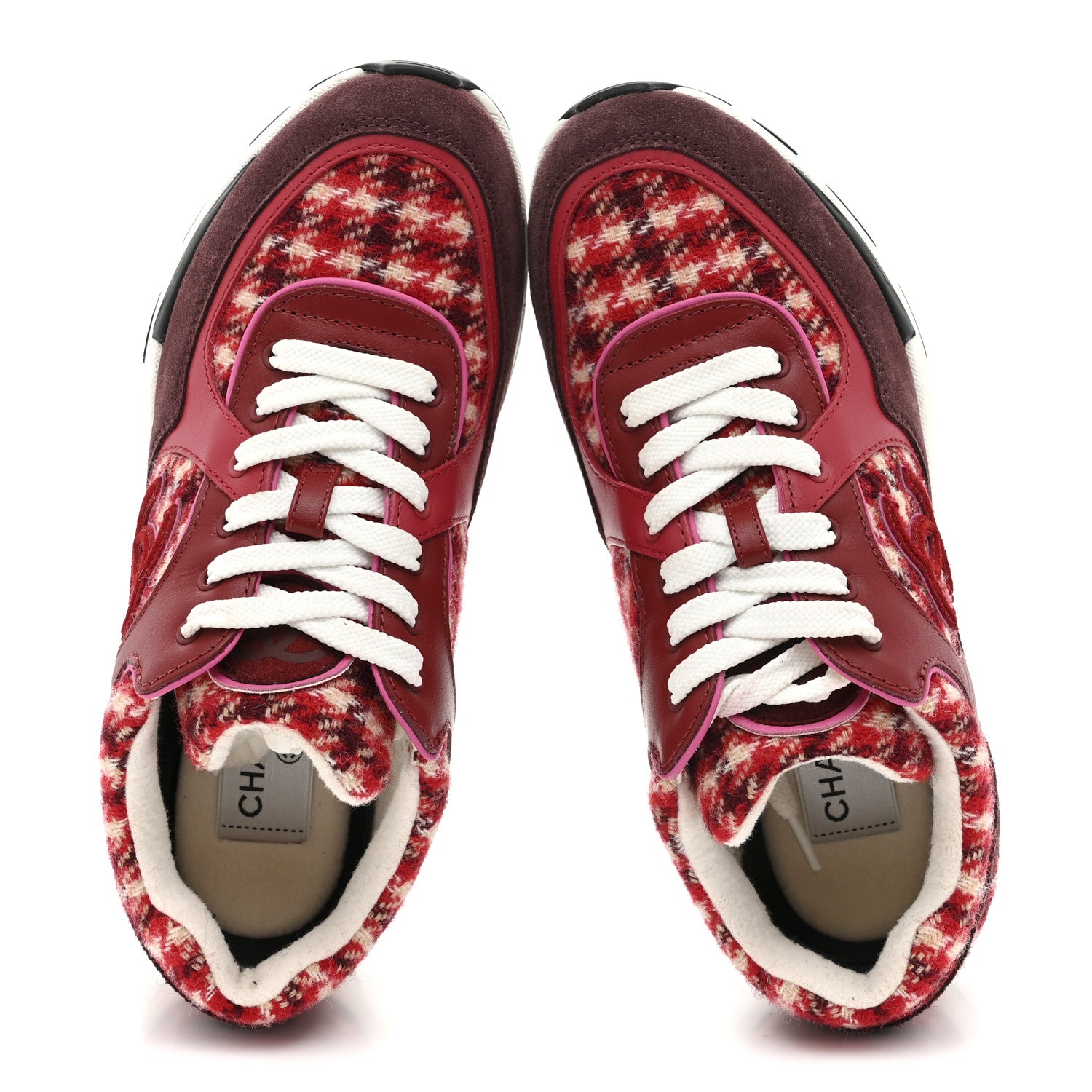 Chanel Wool Tweed Suede Calfskin Womens CC Sneakers 36 Red White Dark Brown Burgundy 2 of 10