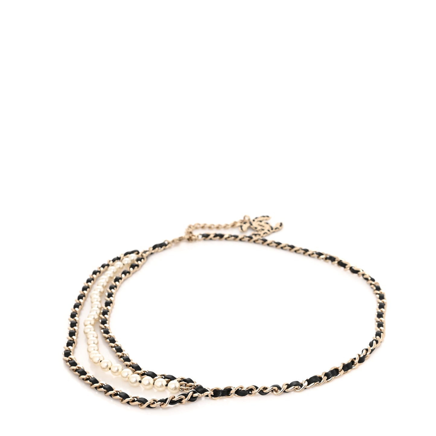 Lambskin Pearl Chain CC Fancy Belt Black Gold