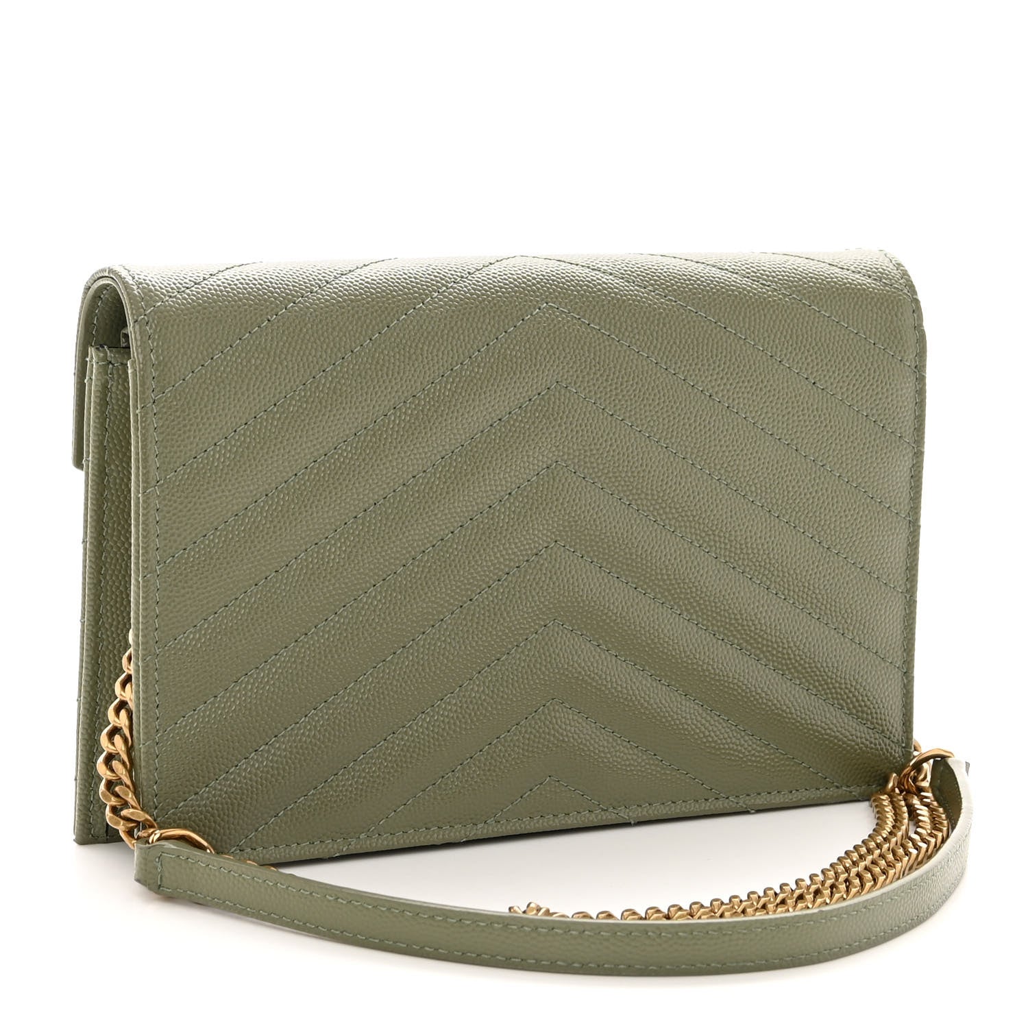 Saint Laurent Grain De Poudre Matelasse Chevron Monogram Envelope Chain Wallet Pistache 3 of 9