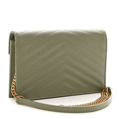 Saint Laurent Grain De Poudre Matelasse Chevron Monogram Envelope Chain Wallet Pistache 3 of 9