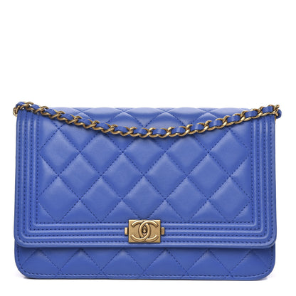 Chanel Lambskin Quilted Boy Wallet On Chain WOC Blue 1 of 12