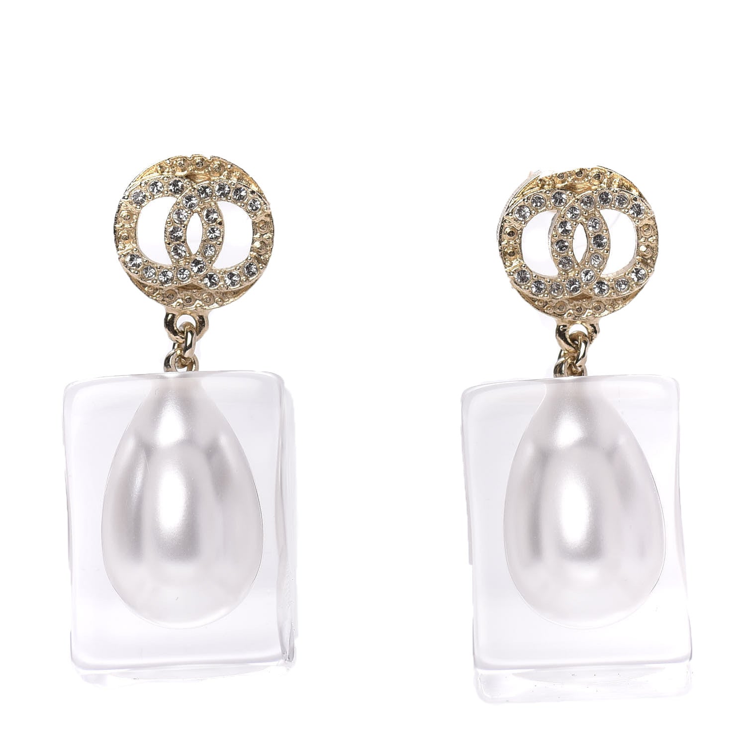 Chanel Crystal Lucite Pearl CC Drop Earrings Gold 1 of 6