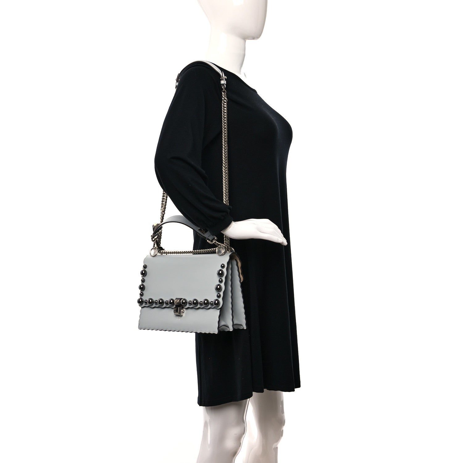 Fendi Vitello Liberty Pearl Scalloped Studded Kan I Shoulder Bag Grigio Perla 2 of 9