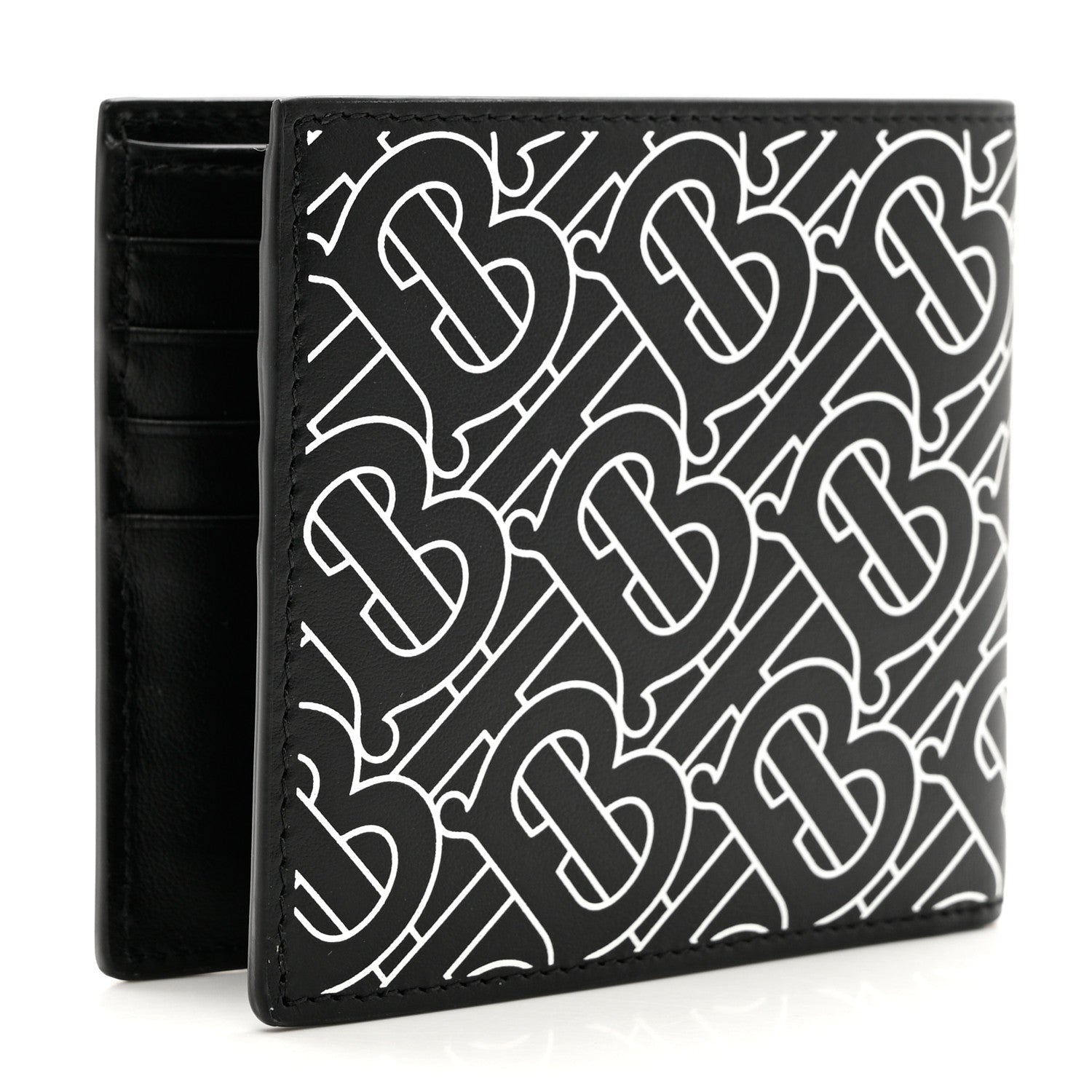Burberry Calfskin Embossed TB Print Bi-Fold Wallet Black White 3 of 6