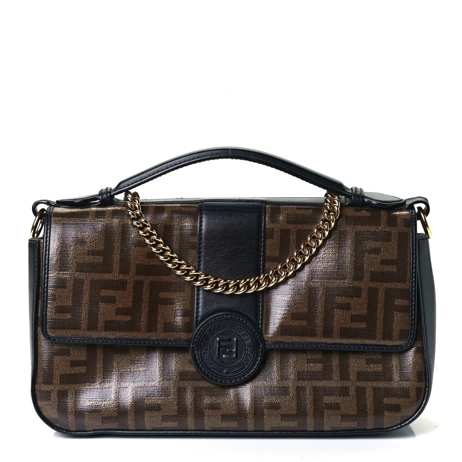 Fendi Vitello Grace Glazed Fabric FF 1974 Double F Shoulder Bag Black Mogano Panna 1 of 19