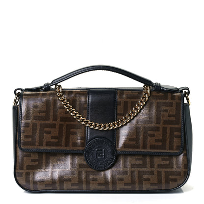 Fendi Vitello Grace Glazed Fabric FF 1974 Double F Shoulder Bag Black Mogano Panna 1 of 19