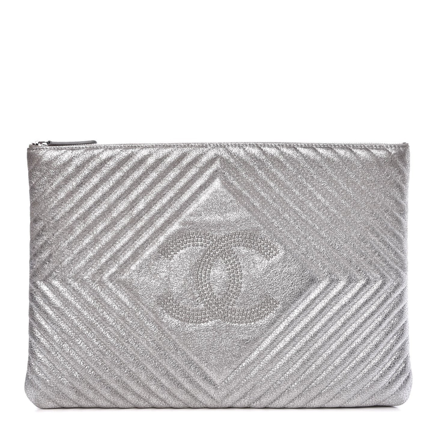 Metallic Crackled Goatskin Studded Chevron Quilted CC Large Zip Clutch Silver