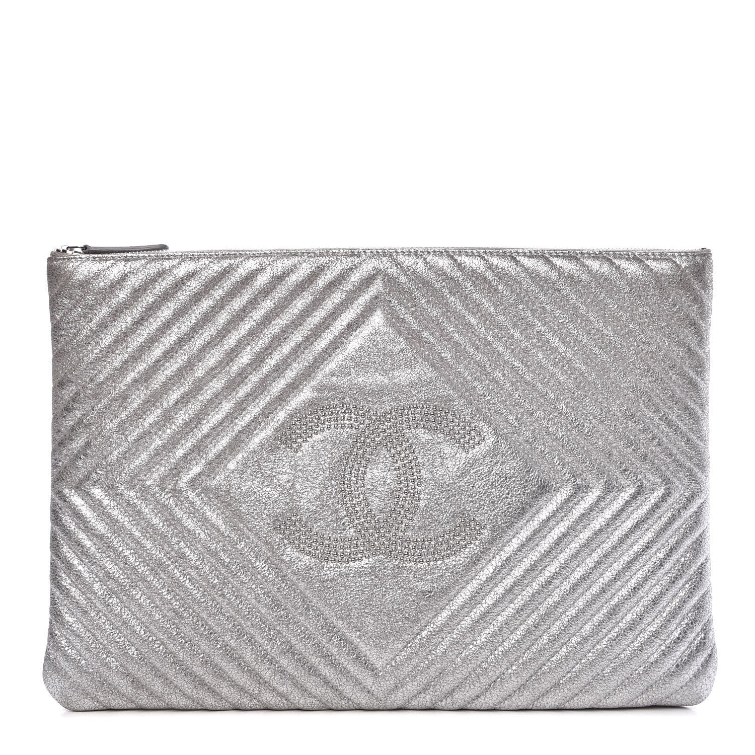Chanel Metallic Crackled Goatskin Studded Chevron Quilted CC Large Zip Clutch Silver 1 of 8