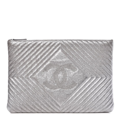 Chanel Metallic Crackled Goatskin Studded Chevron Quilted CC Large Zip Clutch Silver 1 of 8