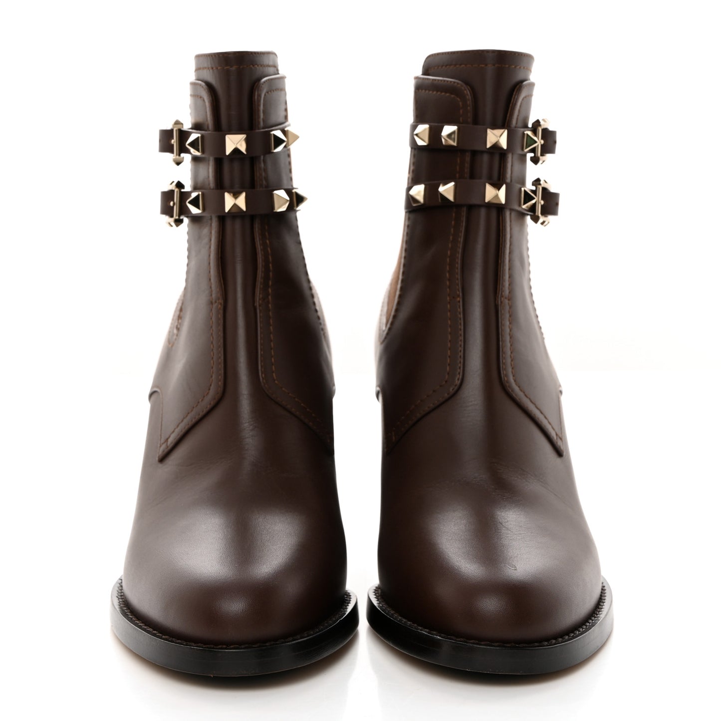 Calfskin Rockstud Double Buckle Beatle Chelsea 70mm Ankle Boots 39 Brown