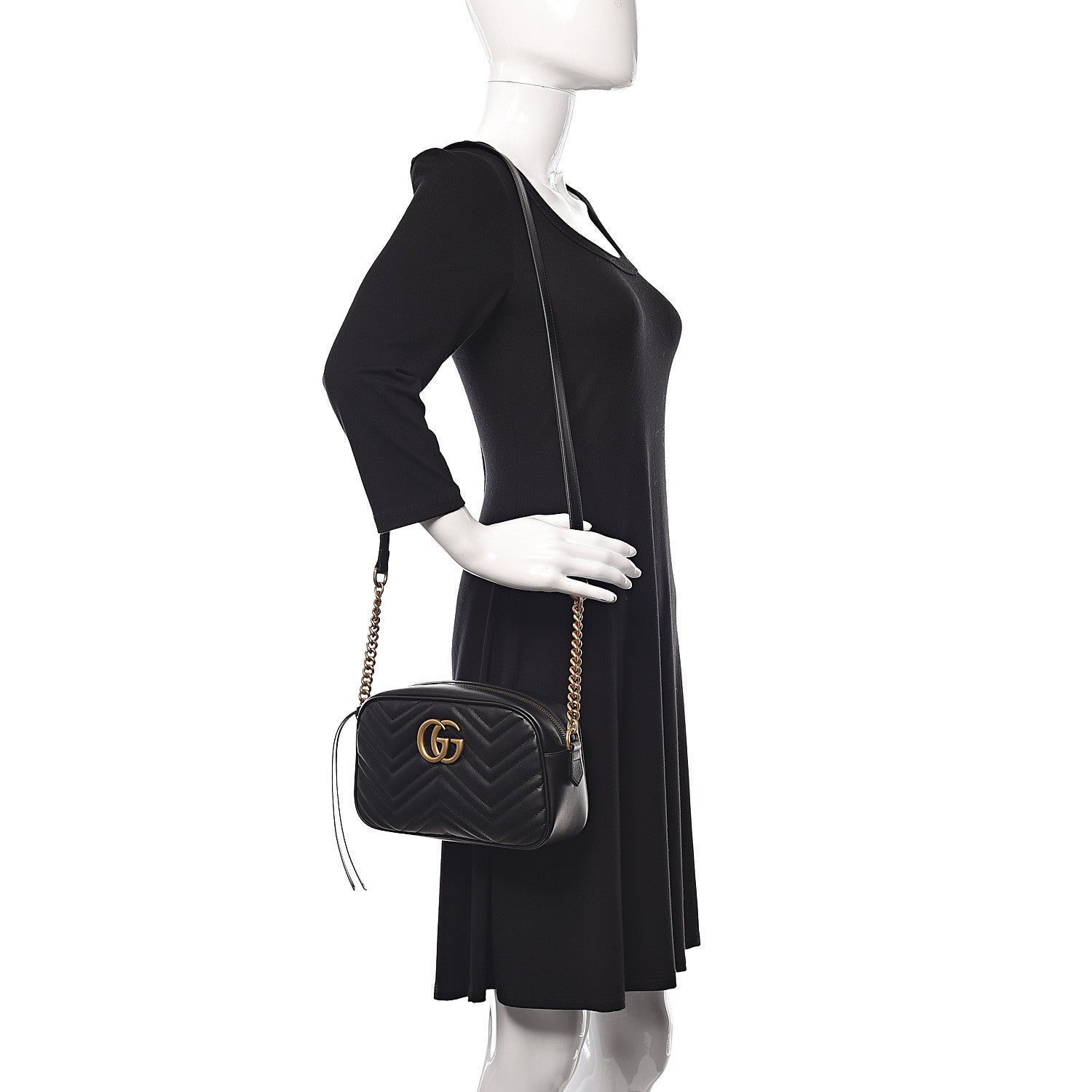 Gucci Calfskin Matelasse Small GG Marmont Chain Shoulder Bag Black 2 of 11