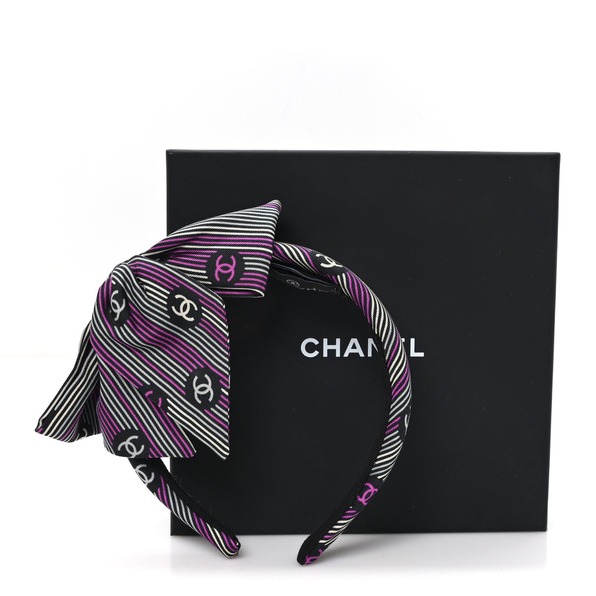 Silk Striped Bow CC Headband Black Fuchsia Grey Ecru