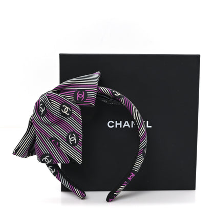 Chanel Silk Striped Bow CC Headband Black Fuchsia Grey Ecru 6 of 6