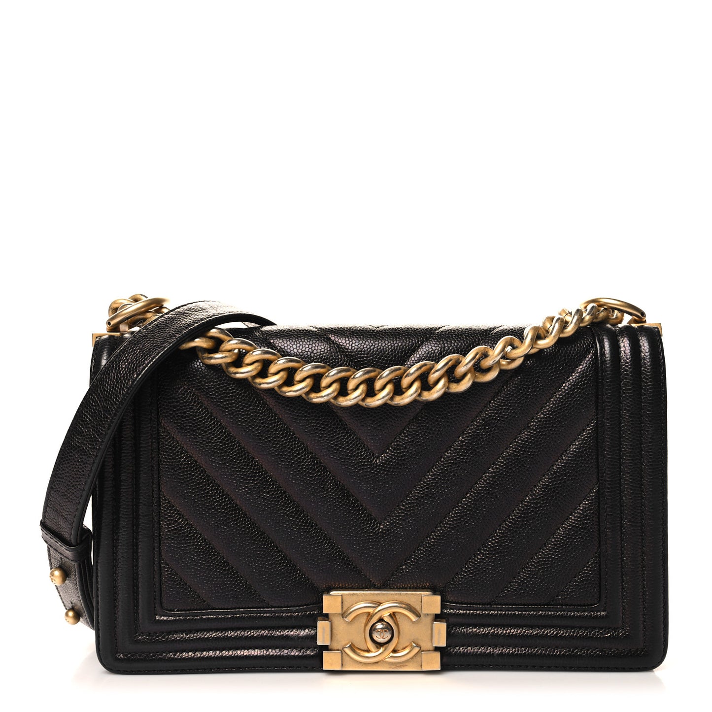 Metallic Caviar Chevron Quilted Medium Boy Flap Black
