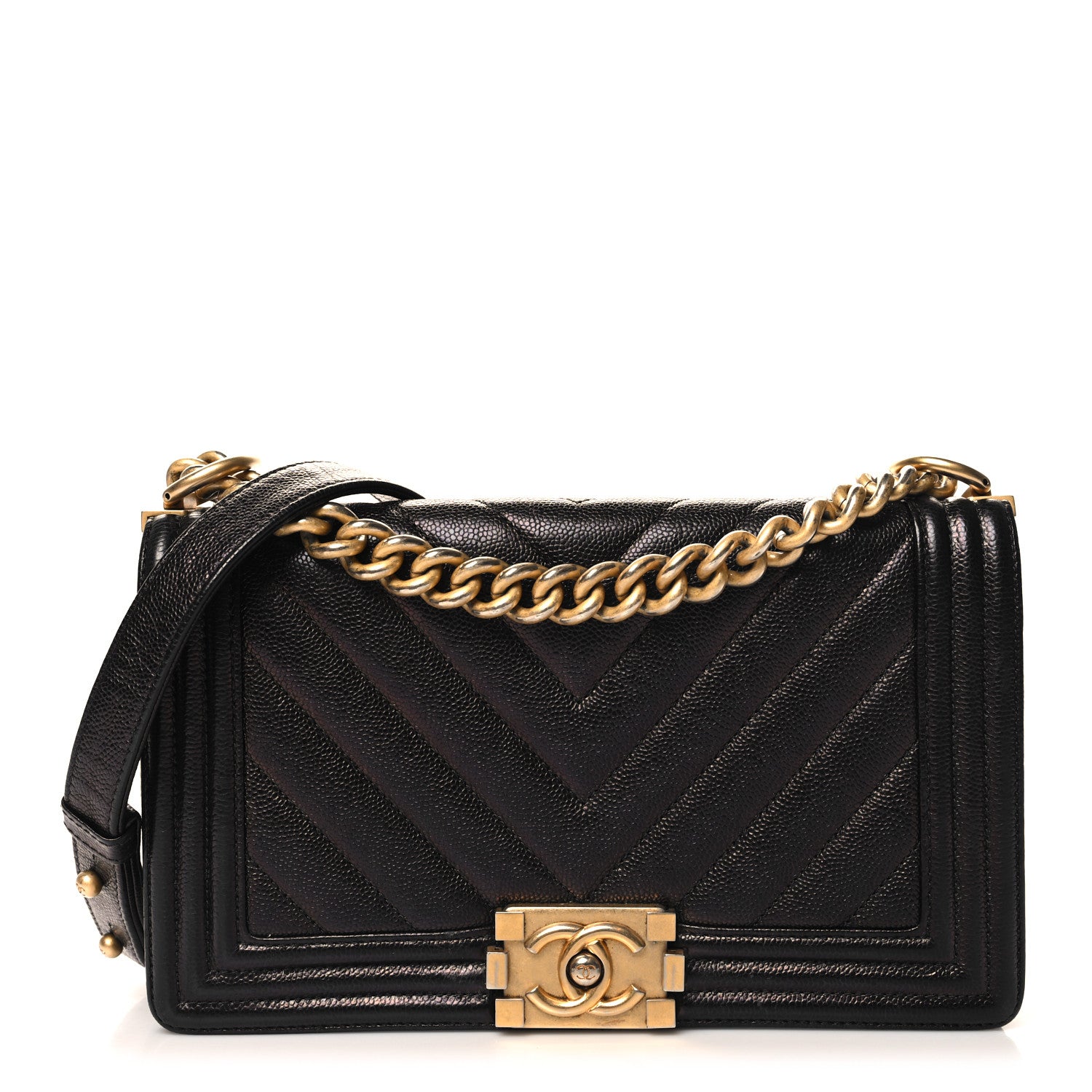 Chanel Metallic Caviar Chevron Quilted Medium Boy Flap Black 1 of 12