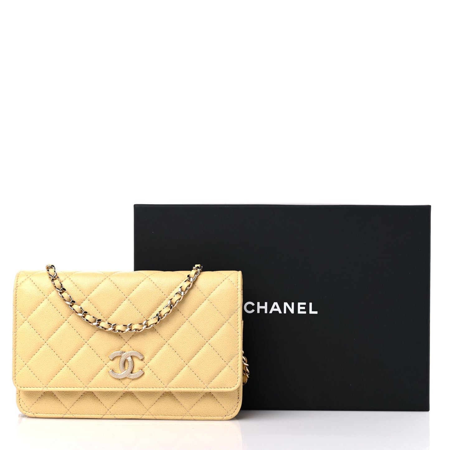 Caviar Quilted Studded CC Wallet on Chain WOC Yellow