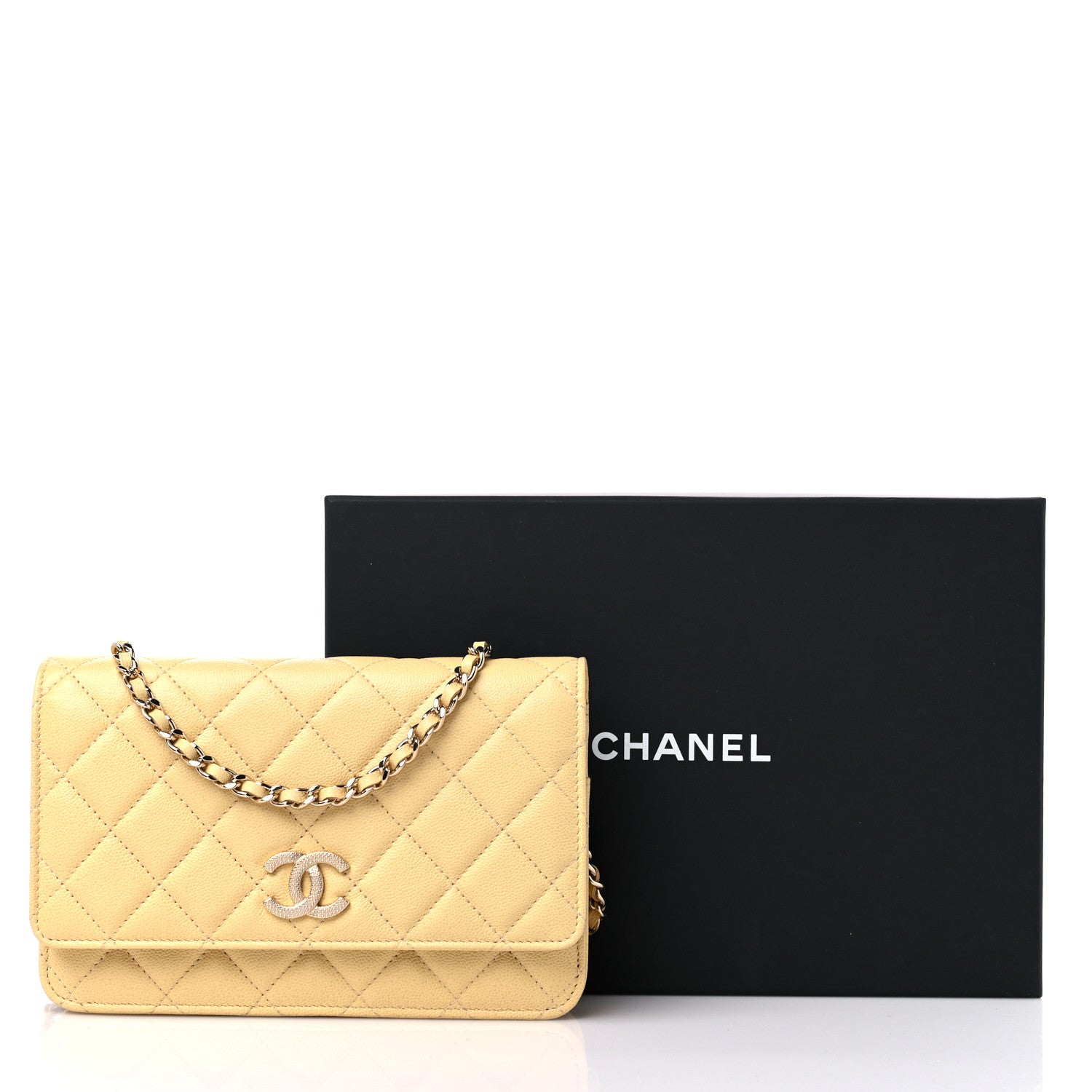 Chanel Caviar Quilted Studded CC Wallet on Chain WOC Yellow 11 of 11