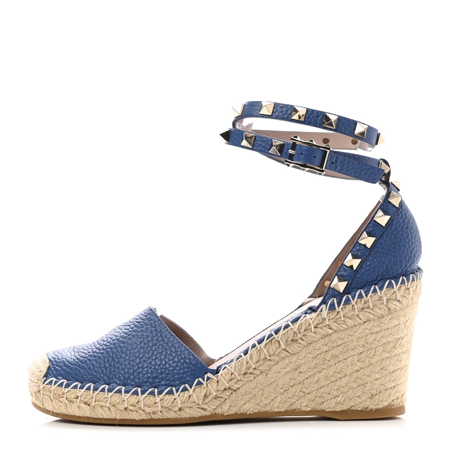 Grained Calfskin Rockstud Ankle Wrap Espadrille 15/85mm Wedges 37 Baltique