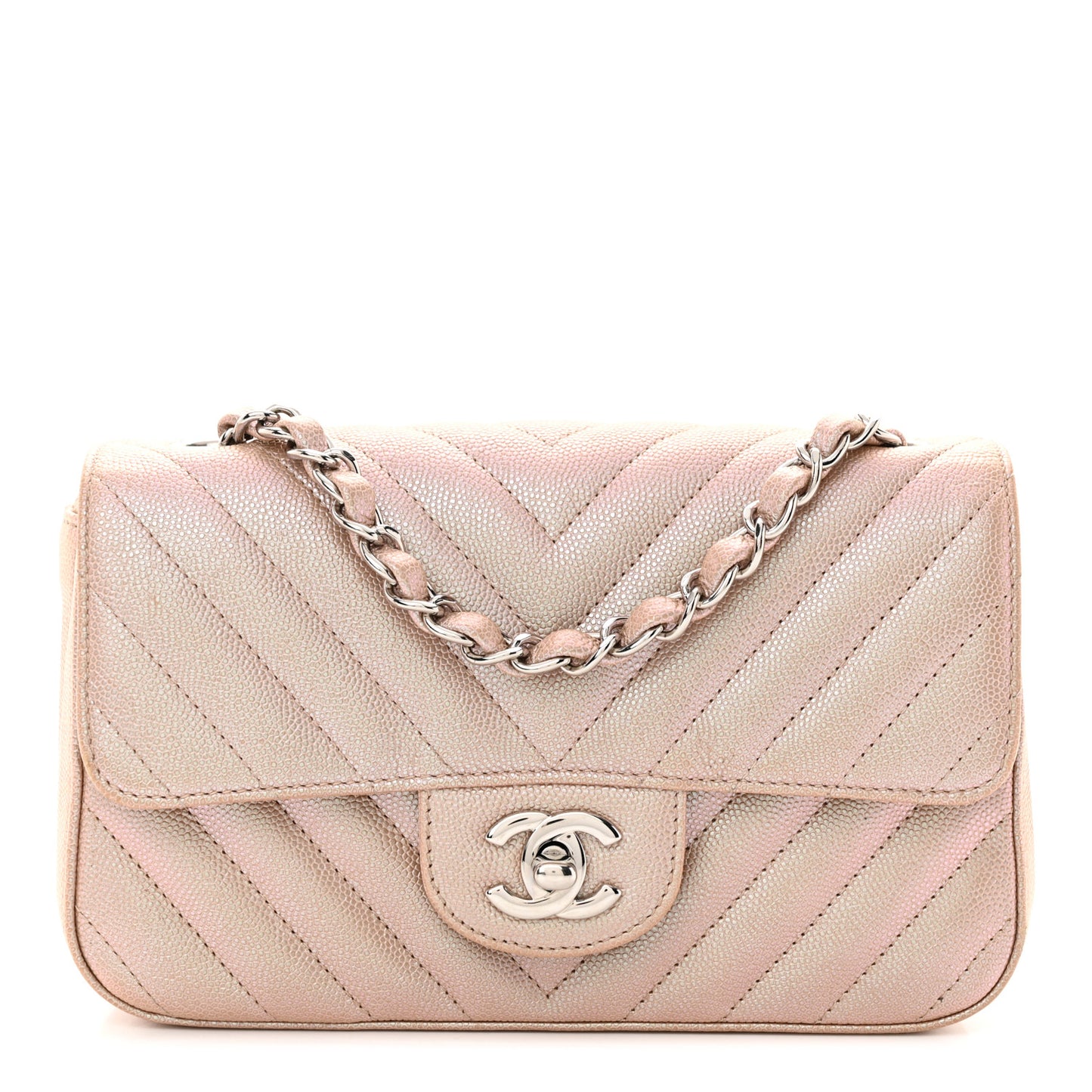 Iridescent Caviar Chevron Quilted Mini Rectangular Flap Light Gold