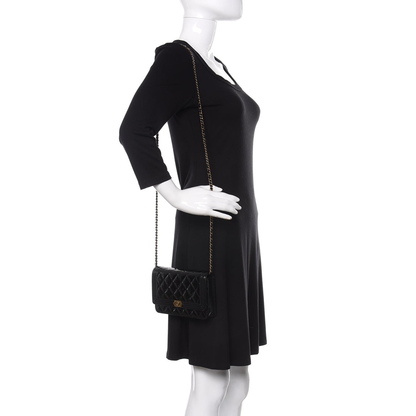 Patent Calfskin Quilted Boy Wallet On Chain WOC Black