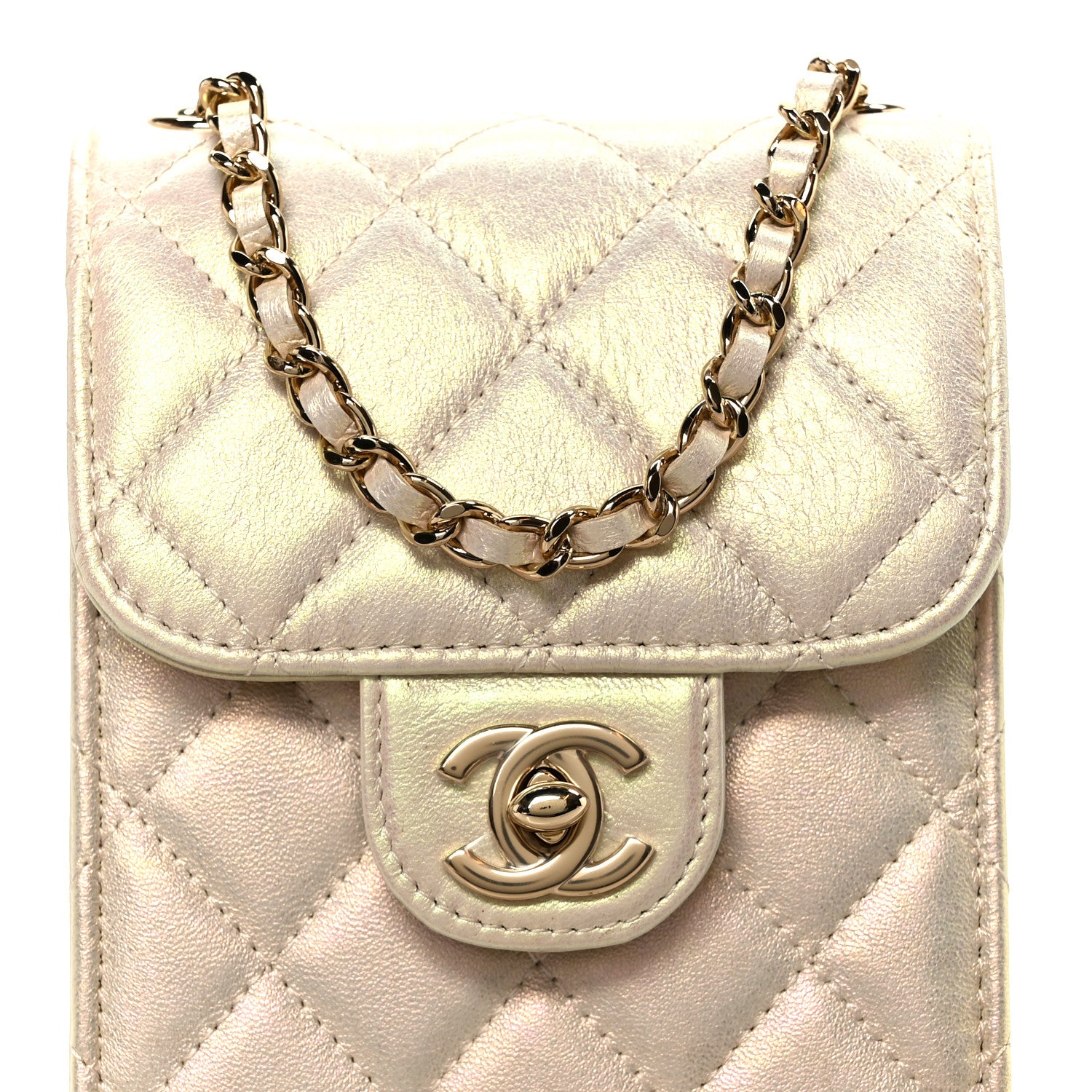 Chanel Iridescent Lambskin Quilted CC Phone Holder Ivory 1855770