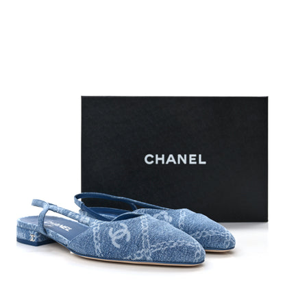 Chanel Denim Printed Denim Mood Cap Toe CC Slingback Flats 39.5 Light Blue Multicolor 9 of 9