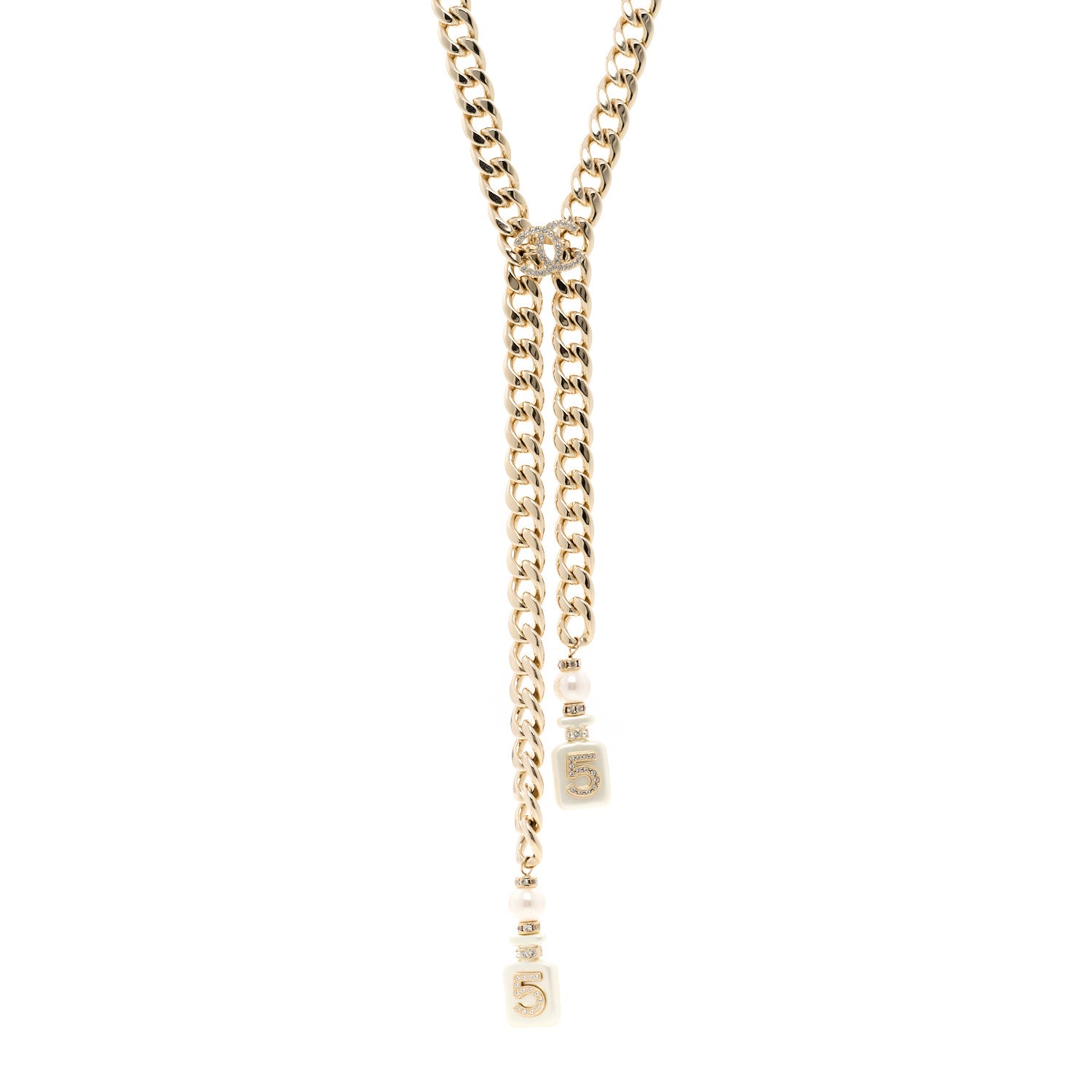 Chanel Pearl Resin Crystal CC No 5 Perfume Bottle Chain Gold 1 of 7