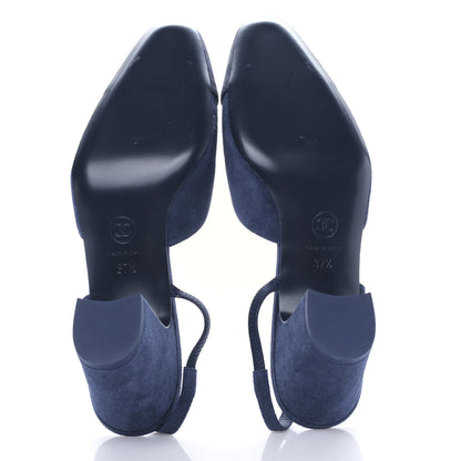 Chanel Suede Cap Toe CC Slingback Pumps 37.5 Blue Black 8 of 16