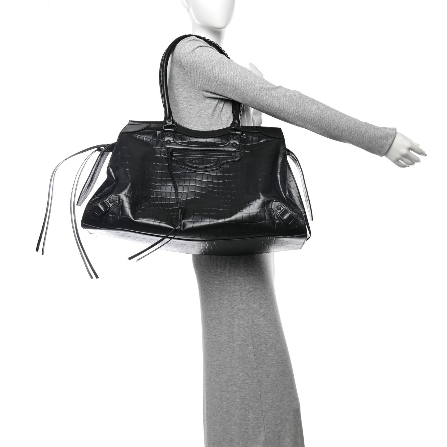 Semi Matte Calfskin Crocodile Embossed Neo Classic Black Hardware Large Top Handle Bag Black