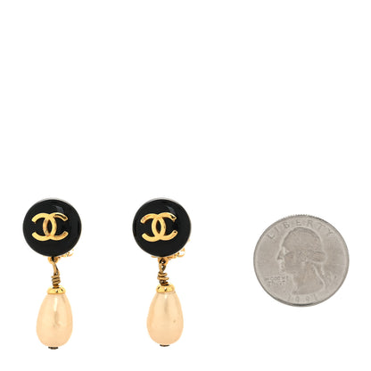 Chanel Resin Pearl CC Drop Clip On Earrings Gold Black White 2 of 4