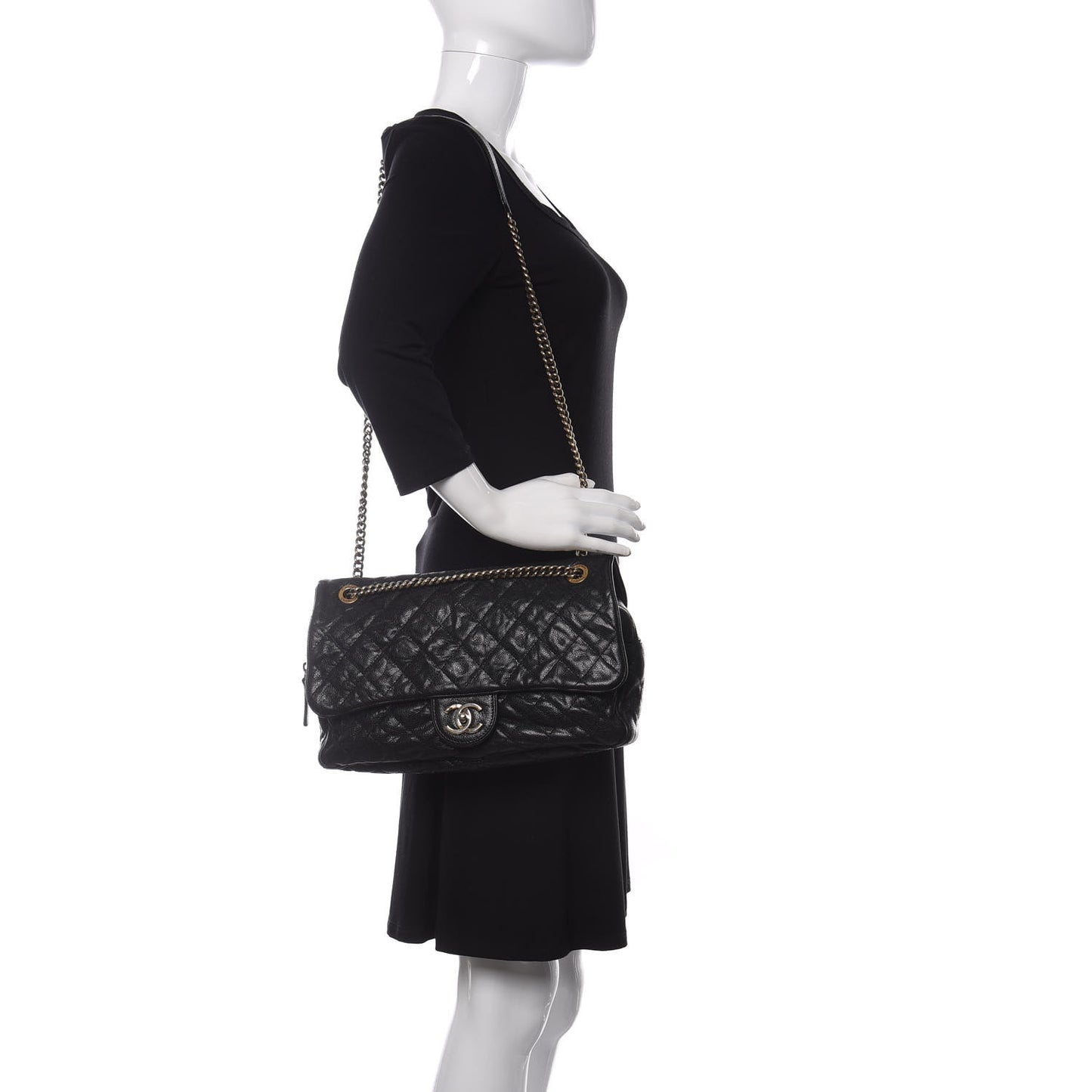 Crumpled Grained Calfskin Quilted Large Shiva Flap Black