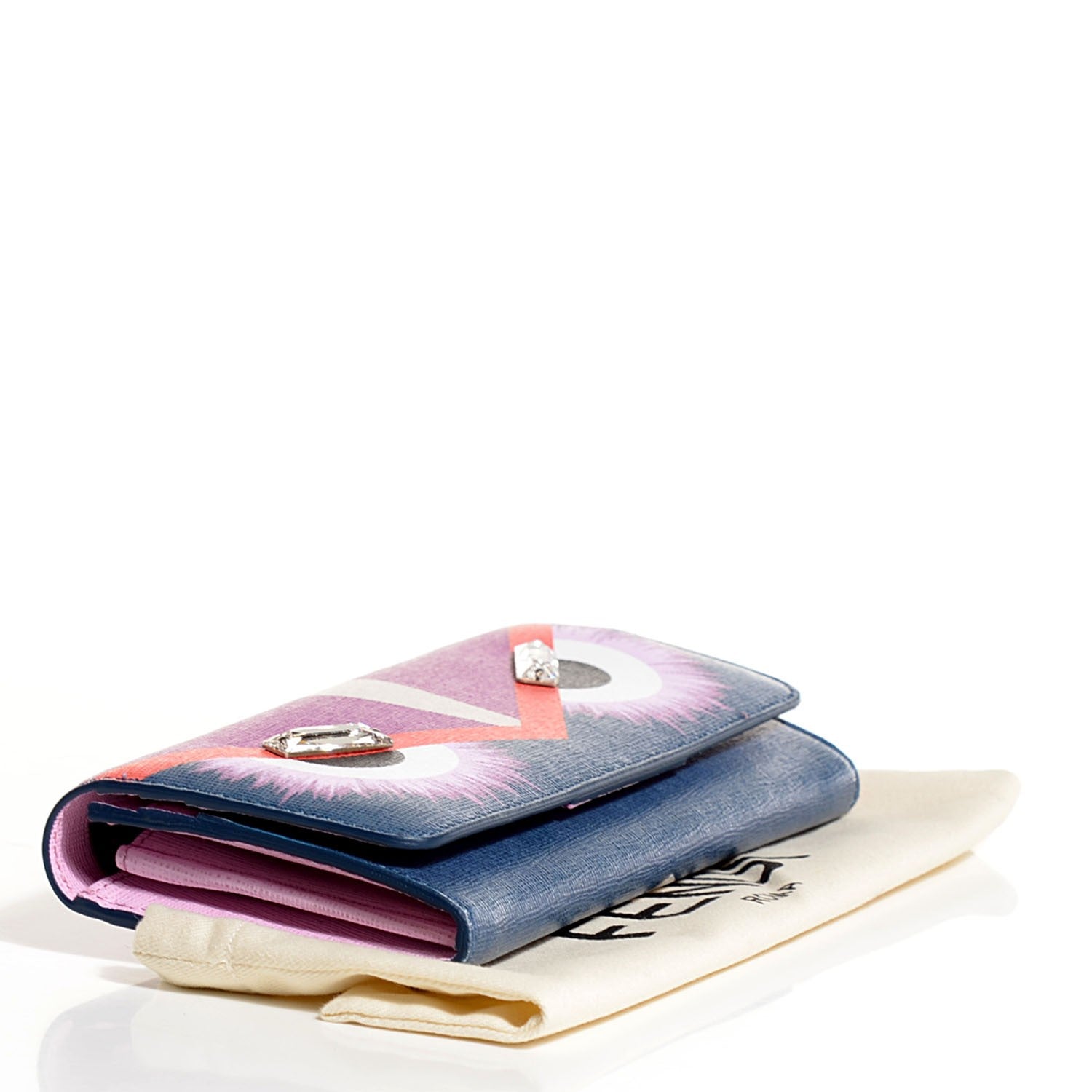 Fendi Vitello Elite Crystal Eye Monster Continental Wallet Cobalt Lavender Pink 5 of 9