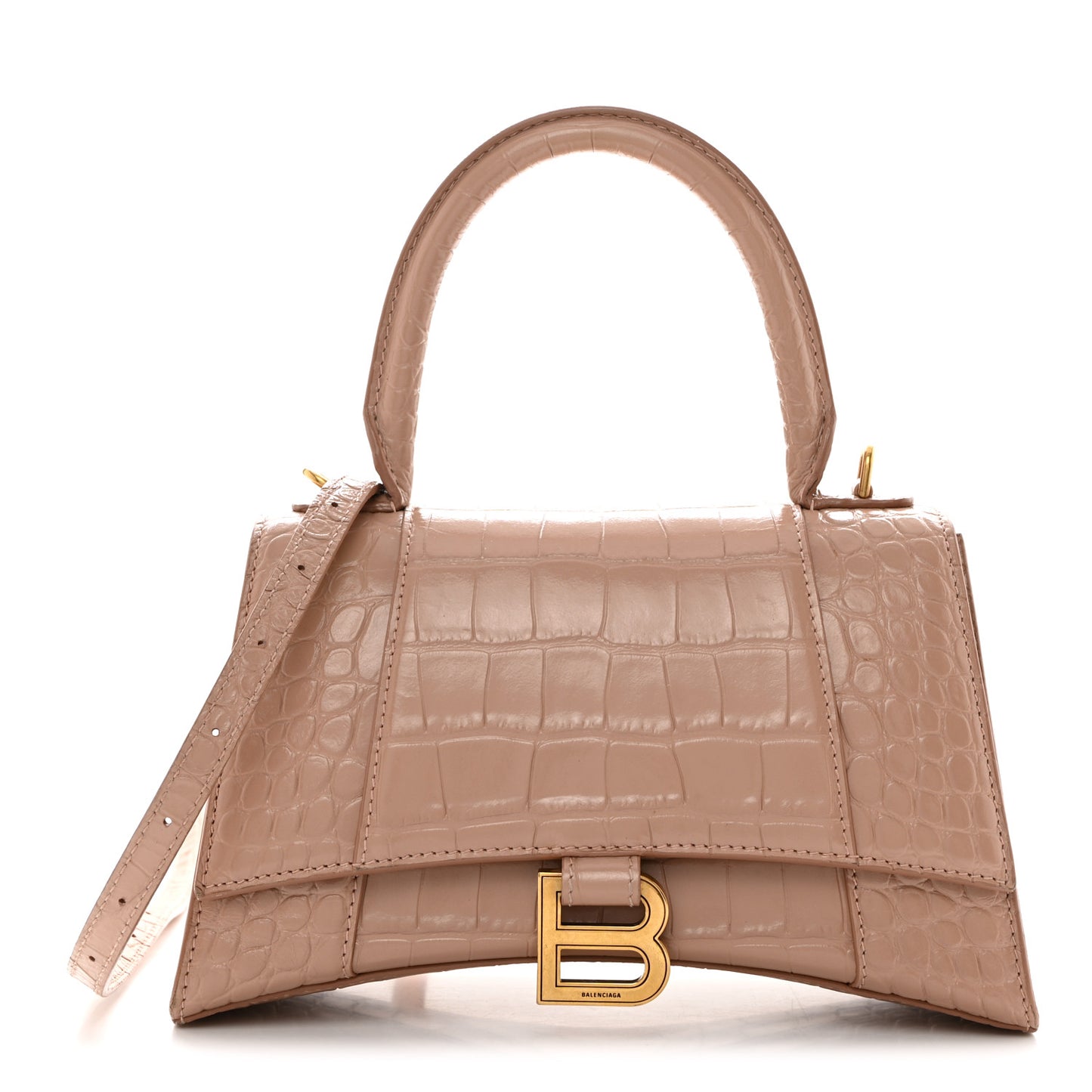Shiny Calfskin Crocodile Embossed Small Hourglass Top Handle Bag Nude Beige