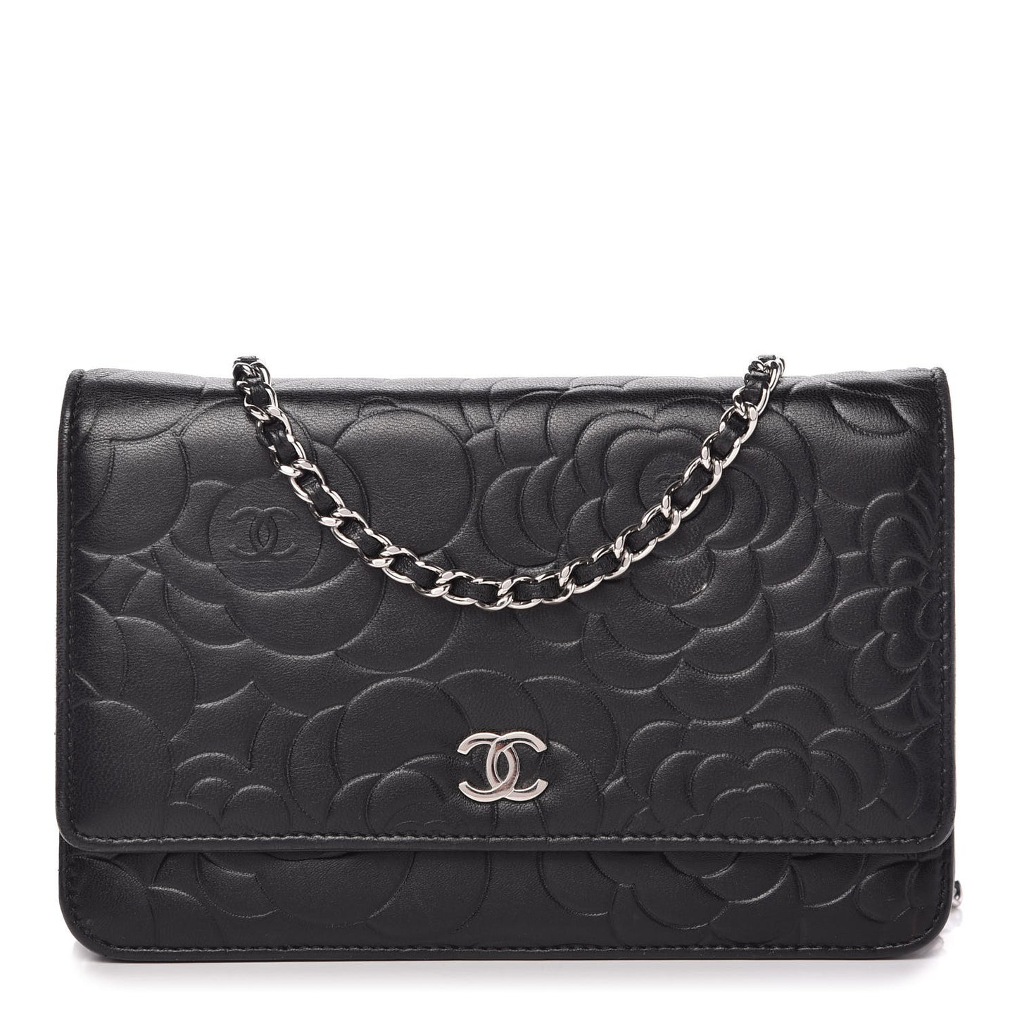 Lambskin Camellia Embossed Wallet on Chain WOC Black