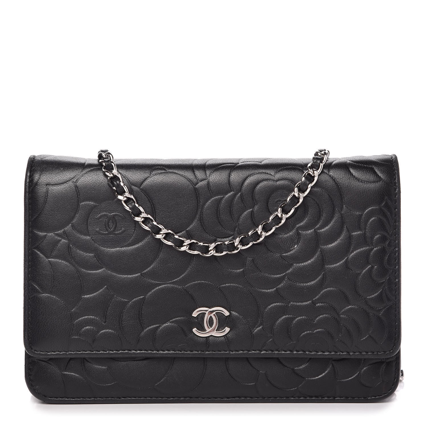 Chanel Lambskin Camellia Embossed Wallet on Chain WOC Black 1 of 12