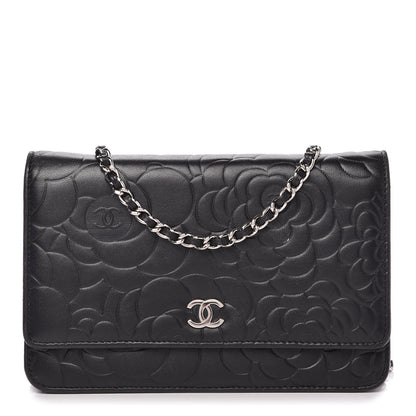 Chanel Lambskin Camellia Embossed Wallet on Chain WOC Black 1 of 12