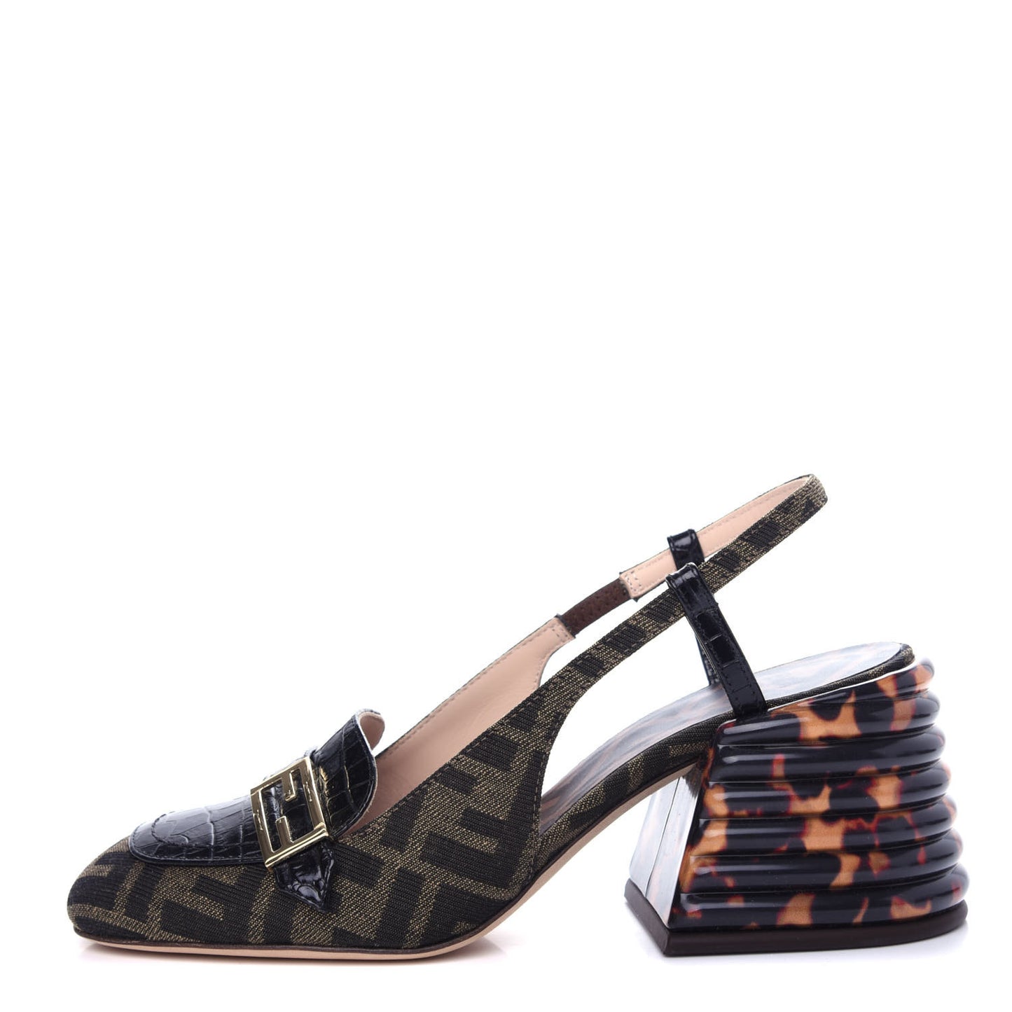 Jacquard Calfskin FF Tortoise Promenade Slingback Loafer Pumps 35.5 Tobacco