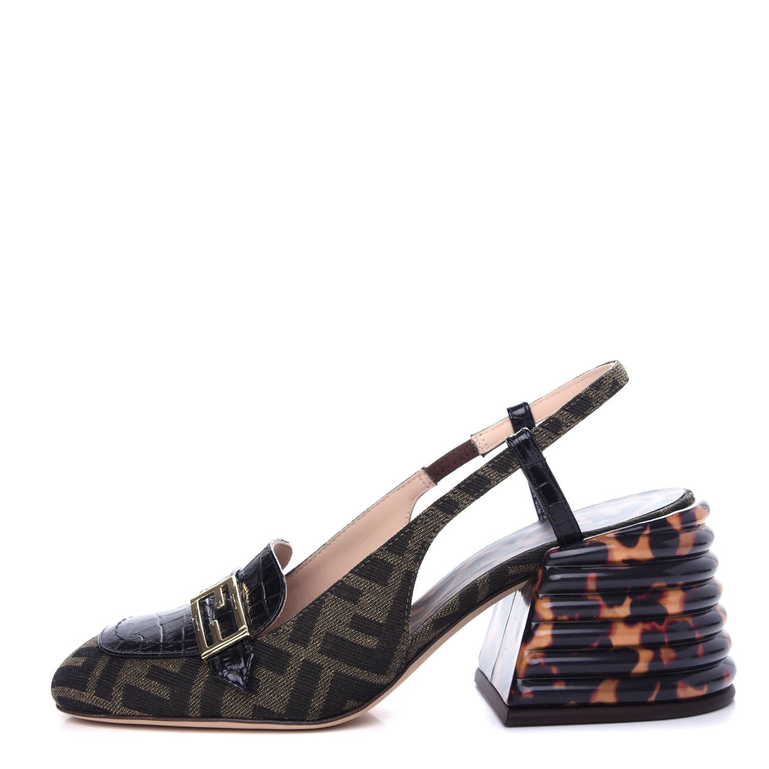 Fendi Jacquard Calfskin FF Tortoise Promenade Slingback Loafer Pumps 35.5 Tobacco 1 of 10