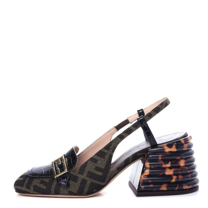 Fendi Jacquard Calfskin FF Tortoise Promenade Slingback Loafer Pumps 35.5 Tobacco 1 of 10