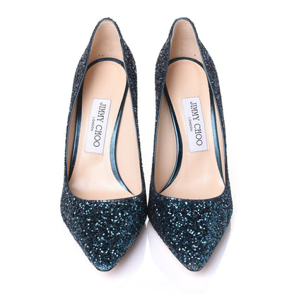 Jimmy Choo Glitter Pointy Toe Romy 100 Pumps 37.5 Peacock Navy 5 of 10