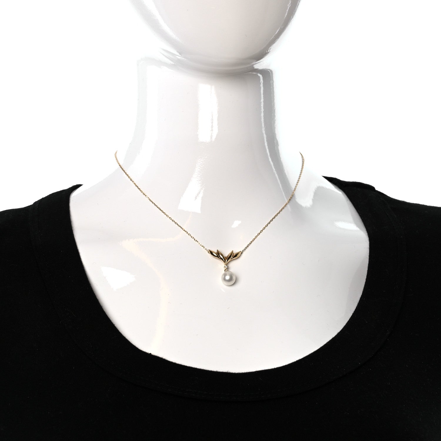 Mikimoto 18K Yellow Gold Diamond Akoya Pearl 7.5mm Leaf Pendant Necklace 3 of 4