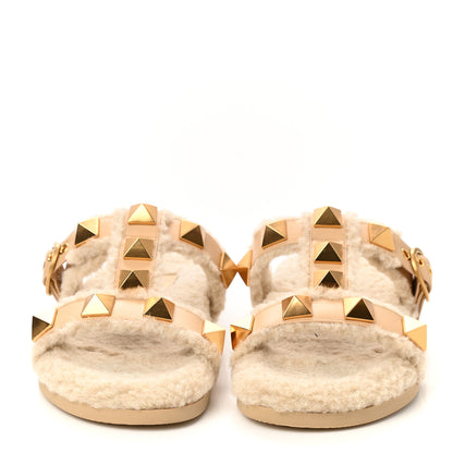 Valentino Garavani Shearling Roman Stud Slide Sandals 38 Sahara Beige 2 of 8