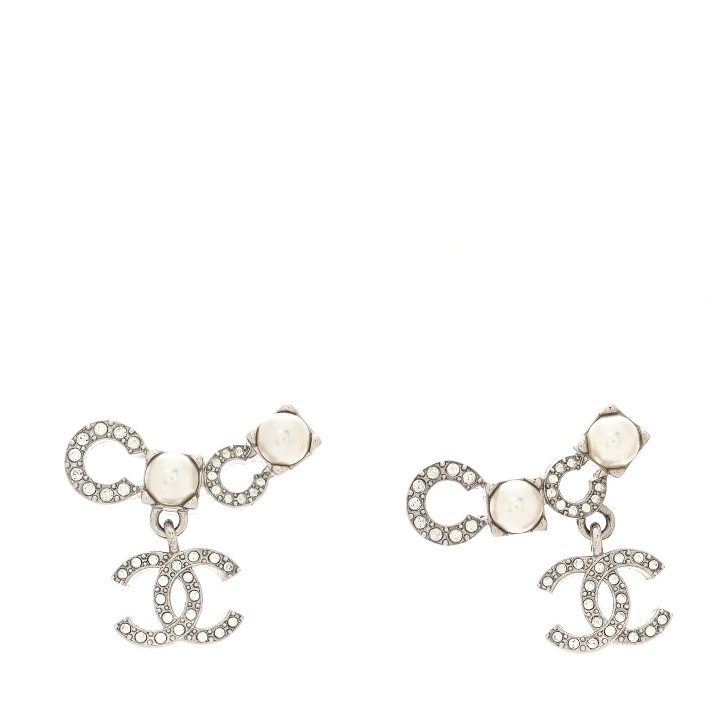 Metal Crystal Pearl Coco CC Earrings Silver