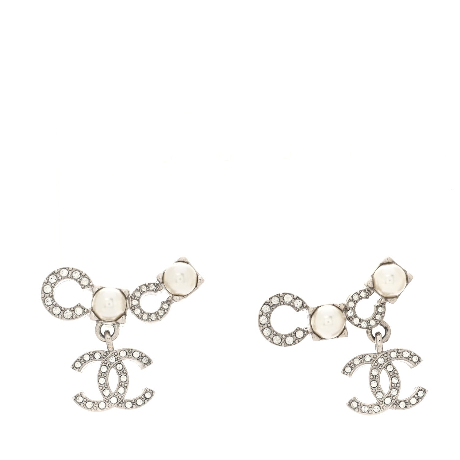 Chanel Metal Crystal Pearl Coco CC Earrings Silver 1 of 5