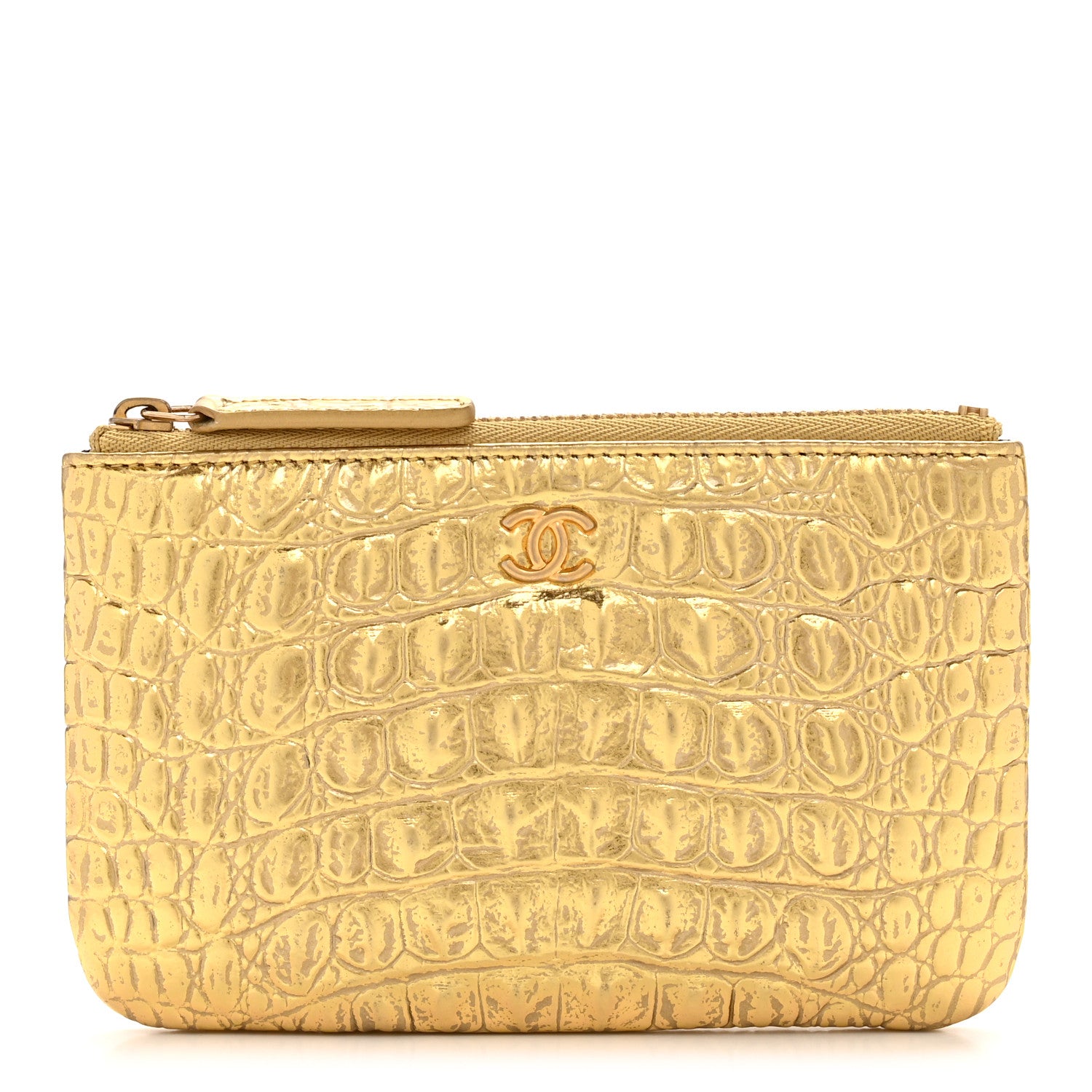 Chanel Metallic Calfskin Crocodile Embossed Cocodile Small Cosmetic Case Gold 1 of 9