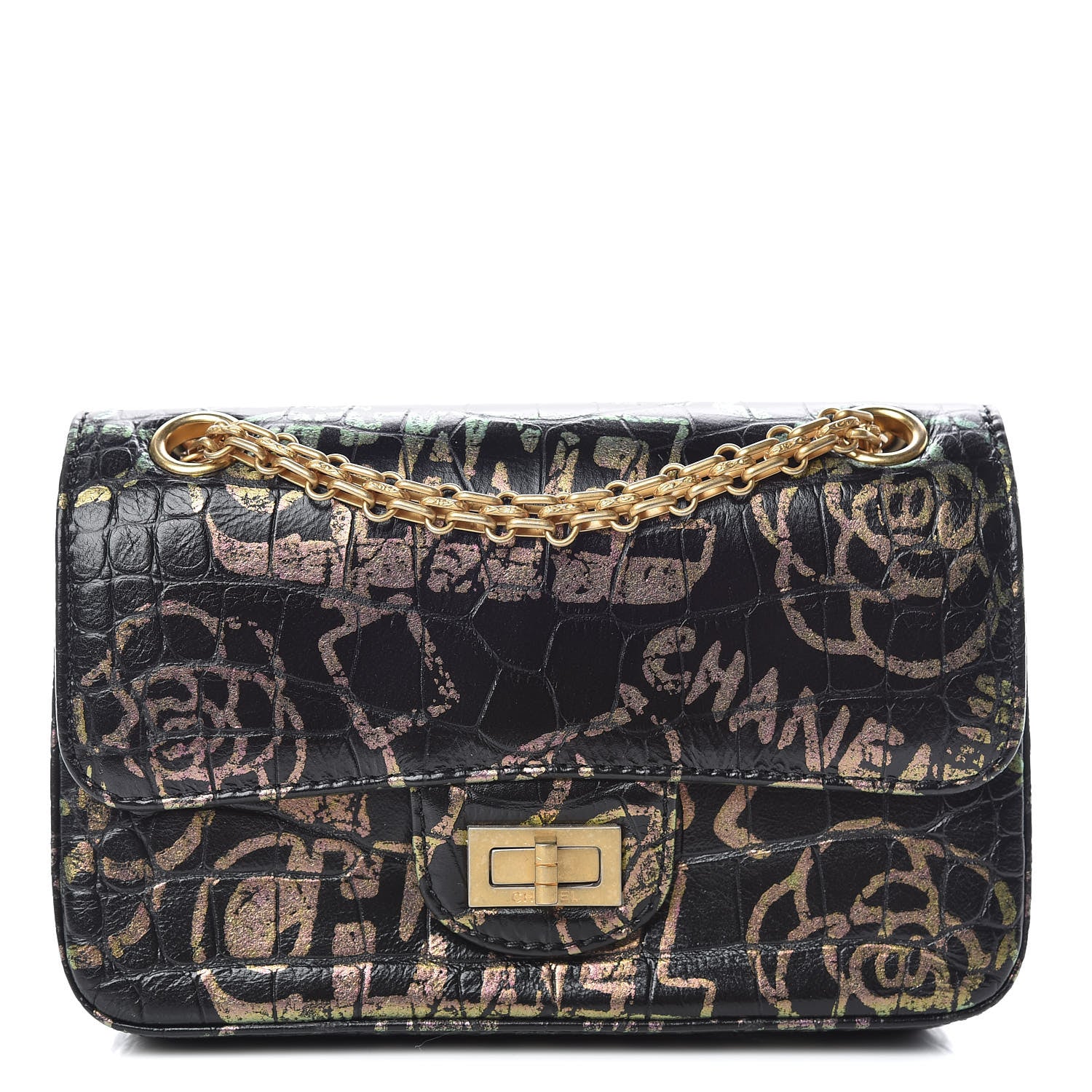 Chanel Calfskin Crocodile Embossed Graffiti 2.55 Mini Cocodile Reissue Flap Black Gold 1 of 12